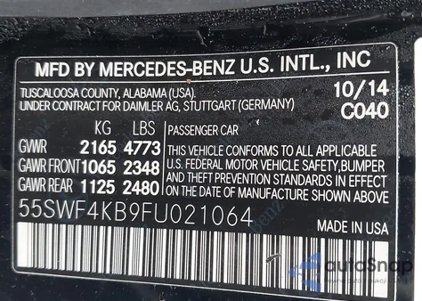 2015 Mercedes-Benz C 300 4Matic from USA, damaged, VIN 55SWF4KB9FU021064